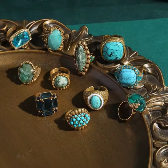 Royal Turquoise Cocktail Ring 18K Gold Diamond-Style Halo - Picture 5 of 5